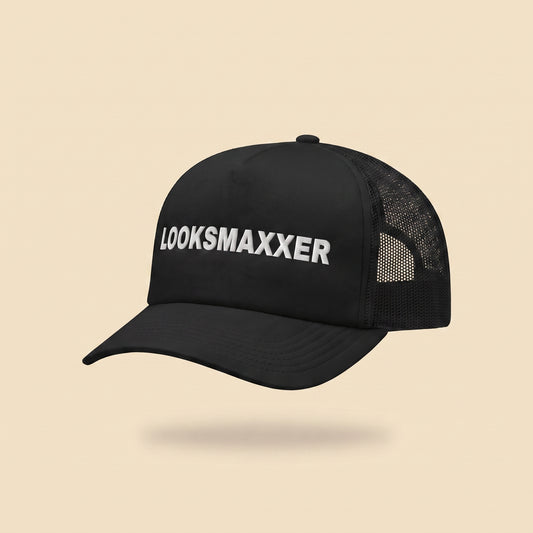 LOOKSMAXXER trucker cap, three-quarter view
