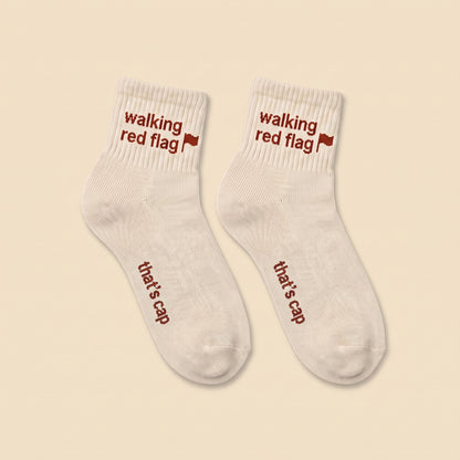 walking red flag socks, flat lay pair