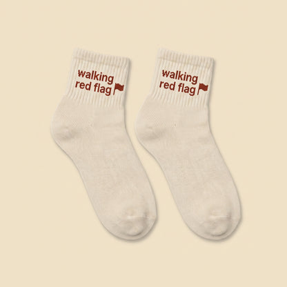 walking red flag socks, flat lay pair