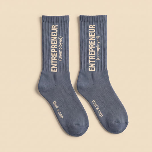 ENTREPRENEUR (unemployed) crew socks, flat lay pair