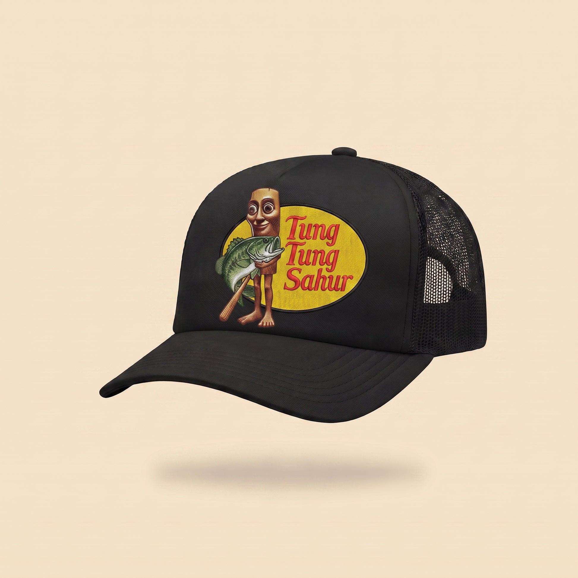 Tung Tung Sahur trucker cap, three-quarter view