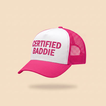 CERTIFIED BADDIE trucker cap, three-quarter view